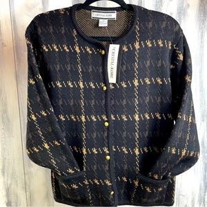Vintage Crystal-Kobe Houndstooth Blazer Gold Button Up Sweater Size Medium